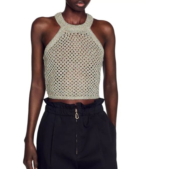 Sandro Bijou Metallic Crochet Crop Top - Picture 1 of 4